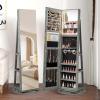 imageCHARMAID 360 Swivel Jewelry Armoire with Full Length Mirror Rear Storage Shelves Lockable Standing Jewelry Cabinet Organizer with Interior Vanity Mirror and 3Color Lights Rustic BrownStone Gray