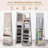 imageCHARMAID 360 Swivel Jewelry Armoire with Full Length Mirror Rear Storage Shelves Lockable Standing Jewelry Cabinet Organizer with Interior Vanity Mirror and 3Color Lights Rustic BrownGray