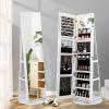 imageCHARMAID 360 Swivel Jewelry Armoire with Full Length Mirror Rear Storage Shelves Lockable Standing Jewelry Cabinet Organizer with Interior Vanity Mirror and 3Color Lights Rustic BrownWhite