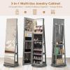 imageCHARMAID 360 Swivel Jewelry Armoire with Full Length Mirror Rear Storage Shelves Lockable Standing Jewelry Cabinet Organizer with Interior Vanity Mirror and 3Color Lights Rustic BrownStone Gray