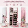 imageCHARMAID 360 Swivel Jewelry Armoire with Full Length Mirror Rear Storage Shelves Lockable Standing Jewelry Cabinet Organizer with Interior Vanity Mirror and 3Color Lights Rustic BrownPink