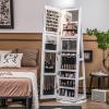 imageCHARMAID 360 Swivel Jewelry Armoire with Full Length Mirror Rear Storage Shelves Lockable Standing Jewelry Cabinet Organizer with Interior Vanity Mirror and 3Color Lights Rustic BrownWhite