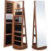 imageCHARMAID 360 Swivel Jewelry Armoire with Full Length Mirror Rear Storage Shelves Lockable Standing Jewelry Cabinet Organizer with Interior Vanity Mirror and 3Color Lights Rustic BrownWalnut