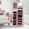 imageCHARMAID 360 Swivel Jewelry Armoire with Full Length Mirror Rear Storage Shelves Lockable Standing Jewelry Cabinet Organizer with Interior Vanity Mirror and 3Color Lights Rustic BrownPink