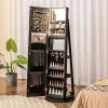imageCHARMAID 360 Swivel Jewelry Armoire with Full Length Mirror Rear Storage Shelves Lockable Standing Jewelry Cabinet Organizer with Interior Vanity Mirror and 3Color Lights Rustic BrownBlack