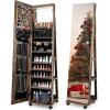 imageCHARMAID Jewelry Cabinet Armoire with Wheels 64quot H Full Length Mirror 3Color LED Lights Height Adjustable Shelves Lockable Standing Jewelry Organizer with Back Storage Shelves WhiteRustic Brown