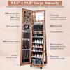 imageCHARMAID Jewelry Cabinet Armoire with Wheels 64quot H Full Length Mirror 3Color LED Lights Height Adjustable Shelves Lockable Standing Jewelry Organizer with Back Storage Shelves WhiteWalnut