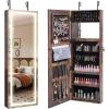 imageCHARMAID LED Mirror Jewelry Cabinet Lockable Jewelry Armoire with Adjustable Lighted Full Length Mirror 3 Lighting Sets Wall Mounted Door Hanging Jewelry Storage Organizer Grayish White 425HRustic Brown