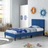 imageGiantex Twin Bed Frames for Kids Modern Fabric Linen Upholstered Platform Bed Frame with Button Tufted Headboard and Wooden Slats No Box Spring Needed Kids Twin Bed for Boys Girls Navy BlueNavy Blue