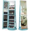 imageCHARMAID 360 Swivel Jewelry Armoire with Full Length Mirror Rear Storage Shelves Lockable Standing Jewelry Cabinet Organizer with Interior Vanity Mirror and 3Color Lights Rustic BrownSky Blue