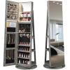 imageCHARMAID 360 Swivel Jewelry Armoire with Full Length Mirror Rear Storage Shelves Lockable Standing Jewelry Cabinet Organizer with Interior Vanity Mirror and 3Color Lights Rustic BrownStone Gray