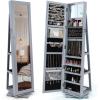 imageCHARMAID 360 Swivel Jewelry Armoire with Higher Full Length Mirror Standing Lockable Jewelry Cabinet Organizer Large Storage Capacity Inside Makeup Mirror Back Storage Shelves Rustic BrownGray