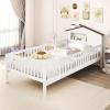 imageGiantex Twin Kids Bed Frame Solid Wood Montessori Bed with Guardrails ampamp HouseShaped Headboard Builtin Storage Shelf No Box Spring Needed for Boys Girls WhiteWhite