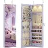 imageGiantex Wall Door Mounted Jewelry Armoire Cabinet with 475quot Full Length Mirror 2 LEDs Lockable Jewelry Organizers and Storage with 2 Drawers Over the Door Jewelry Organizer Cabinet SageLavender