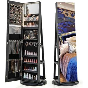 imageCHARMAID 360 Swivel Jewelry Armoire with Full Length Mirror Rear Storage Shelves Lockable Standing Jewelry Cabinet Organizer with Interior Vanity Mirror and 3Color Lights Rustic BrownBlack