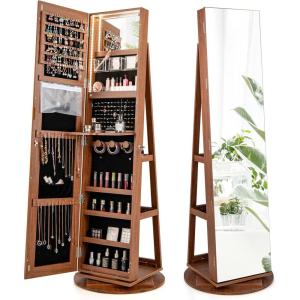 imageCHARMAID 360 Swivel Jewelry Armoire with Full Length Mirror Rear Storage Shelves Lockable Standing Jewelry Cabinet Organizer with Interior Vanity Mirror and 3Color Lights Rustic BrownWalnut