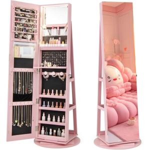 imageCHARMAID 360 Swivel Jewelry Armoire with Full Length Mirror Rear Storage Shelves Lockable Standing Jewelry Cabinet Organizer with Interior Vanity Mirror and 3Color Lights Rustic BrownPink