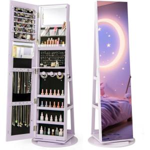 imageCHARMAID 360 Swivel Jewelry Armoire with Full Length Mirror Rear Storage Shelves Lockable Standing Jewelry Cabinet Organizer with Interior Vanity Mirror and 3Color Lights Rustic BrownLavender