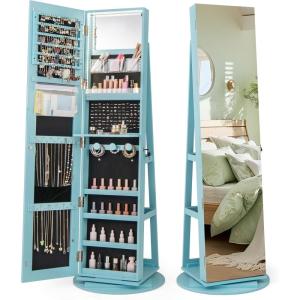 imageCHARMAID 360 Swivel Jewelry Armoire with Full Length Mirror Rear Storage Shelves Lockable Standing Jewelry Cabinet Organizer with Interior Vanity Mirror and 3Color Lights Rustic BrownSky Blue