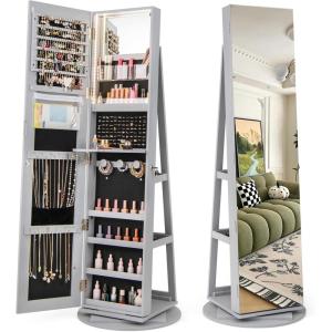 imageCHARMAID 360 Swivel Jewelry Armoire with Full Length Mirror Rear Storage Shelves Lockable Standing Jewelry Cabinet Organizer with Interior Vanity Mirror and 3Color Lights Rustic BrownGray