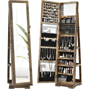 imageCHARMAID 360 Swivel Jewelry Armoire with Higher Full Length Mirror Standing Lockable Jewelry Cabinet Organizer Large Storage Capacity Inside Makeup Mirror Back Storage Shelves Rustic BrownRustic Brown