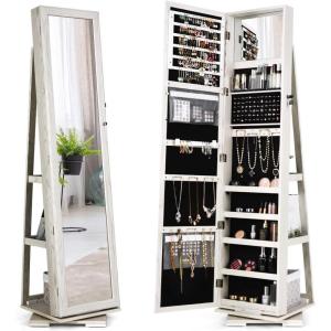 imageCHARMAID 360 Swivel Jewelry Armoire with Higher Full Length Mirror Standing Lockable Jewelry Cabinet Organizer Large Storage Capacity Inside Makeup Mirror Back Storage Shelves Rustic BrownGrayish White