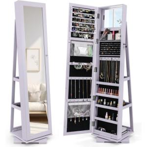 imageCHARMAID 360 Swivel Jewelry Armoire with Higher Full Length Mirror Standing Lockable Jewelry Cabinet Organizer Large Storage Capacity Inside Makeup Mirror Back Storage Shelves Rustic BrownLavender