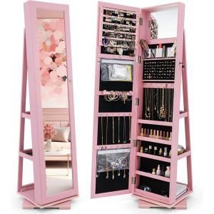 imageCHARMAID 360 Swivel Jewelry Armoire with Higher Full Length Mirror Standing Lockable Jewelry Cabinet Organizer Large Storage Capacity Inside Makeup Mirror Back Storage Shelves Rustic BrownPink