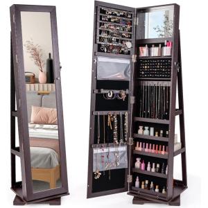 imageCHARMAID 360 Swivel Jewelry Armoire with Higher Full Length Mirror Standing Lockable Jewelry Cabinet Organizer Large Storage Capacity Inside Makeup Mirror Back Storage Shelves Rustic BrownEspresso