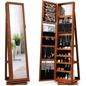 imageCHARMAID 360 Swivel Jewelry Armoire with Higher Full Length Mirror Standing Lockable Jewelry Cabinet Organizer Large Storage Capacity Inside Makeup Mirror Back Storage Shelves Rustic BrownWalnut