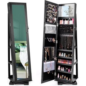 imageCHARMAID 360 Swivel Jewelry Armoire with Higher Full Length Mirror Standing Lockable Jewelry Cabinet Organizer Large Storage Capacity Inside Makeup Mirror Back Storage Shelves Rustic BrownBlack