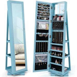 imageCHARMAID 360 Swivel Jewelry Armoire with Higher Full Length Mirror Standing Lockable Jewelry Cabinet Organizer Large Storage Capacity Inside Makeup Mirror Back Storage Shelves Rustic BrownSky Blue