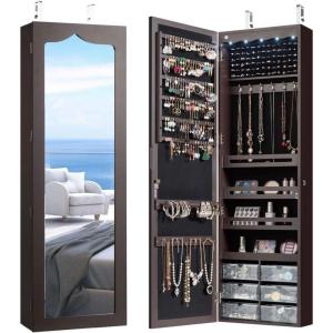 imageCHARMAID Jewelry Cabinet Armoire Wall Mount Door Hanging Lockable Jewelry Organizer with 475 Full Length Mirror 5 Lights Large Jewelry Storage Box with 6 Acrylic Drawers WhiteBrown
