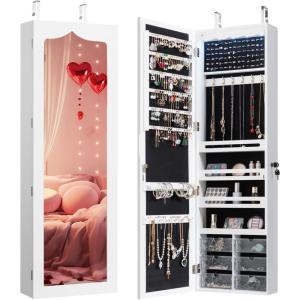 imageCHARMAID Jewelry Cabinet Armoire Wall Mount Door Hanging Lockable Jewelry Organizer with 475 Full Length Mirror 5 Lights Large Jewelry Storage Box with 6 Acrylic Drawers WhiteWhite