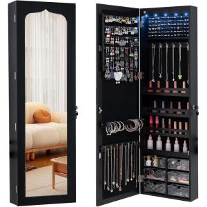 imageCHARMAID Jewelry Cabinet Armoire Wall Mount Door Hanging Lockable Jewelry Organizer with 475 Full Length Mirror 5 Lights Large Jewelry Storage Box with 6 Acrylic Drawers WhiteBlack