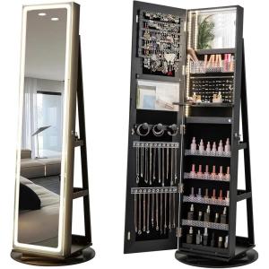 imageCHARMAID Jewelry Cabinet Armoire with Wheels 64quot H Full Length Mirror 3Color LED Lights Height Adjustable Shelves Lockable Standing Jewelry Organizer with Back Storage Shelves WhiteBlack