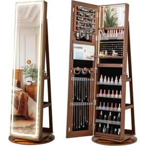 imageCHARMAID Jewelry Cabinet Armoire with Wheels 64quot H Full Length Mirror 3Color LED Lights Height Adjustable Shelves Lockable Standing Jewelry Organizer with Back Storage Shelves WhiteWalnut