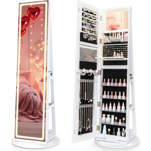 imageCHARMAID Jewelry Cabinet Armoire with Wheels 64quot H Full Length Mirror 3Color LED Lights Height Adjustable Shelves Lockable Standing Jewelry Organizer with Back Storage Shelves WhiteWhite