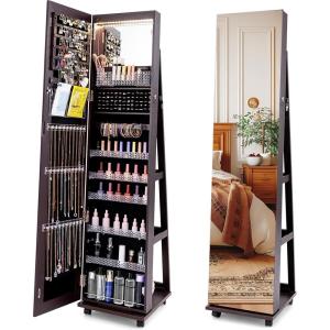imageCHARMAID Jewelry Cabinet Armoire with Wheels 64quot H Full Length Mirror 3Color LED Lights Height Adjustable Shelves Lockable Standing Jewelry Organizer with Back Storage Shelves WhiteEspresso