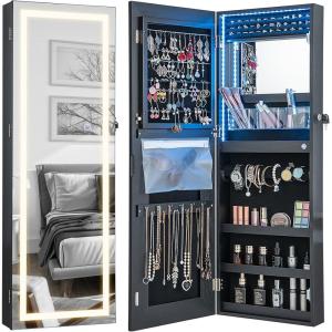 imageCHARMAID LED Mirror Jewelry Cabinet Lockable Jewelry Armoire with Adjustable Lighted Full Length Mirror 3 Lighting Sets Wall Mounted Door Hanging Jewelry Storage Organizer Grayish White 425HBlack