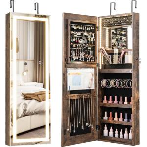 imageCHARMAID LED Mirror Jewelry Cabinet Lockable Jewelry Armoire with Adjustable Lighted Full Length Mirror 3 Lighting Sets Wall Mounted Door Hanging Jewelry Storage Organizer Grayish White 425HRustic Brown