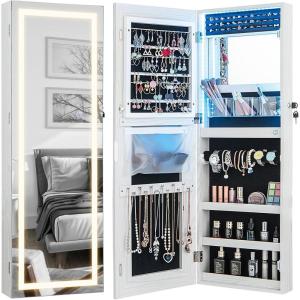 imageCHARMAID LED Mirror Jewelry Cabinet Lockable Jewelry Armoire with Adjustable Lighted Full Length Mirror 3 Lighting Sets Wall Mounted Door Hanging Jewelry Storage Organizer Grayish White 425HGrayish White