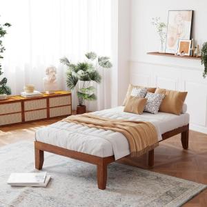 imageGiantex 14 Inch Queen Wood Platform Bed Frame Minimalist Style Mattress Foundation with Solid Rubber Wood Heavy Duty Slat Support Without Headboard Easy Assembly No Box Spring Needed WalnutWalnut
