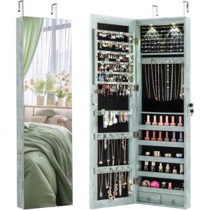 imageGiantex Wall Door Mounted Jewelry Armoire Cabinet with 475quot Full Length Mirror 2 LEDs Lockable Jewelry Organizers and Storage with 2 Drawers Over the Door Jewelry Organizer Cabinet SageWeathered Blue