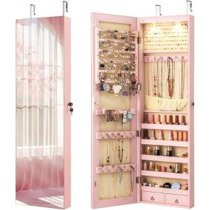 imageGiantex Wall Door Mounted Jewelry Armoire Cabinet with 475quot Full Length Mirror 2 LEDs Lockable Jewelry Organizers and Storage with 2 Drawers Over the Door Jewelry Organizer Cabinet SageLight Pink