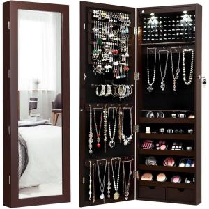 imageGiantex Wall Door Mounted Jewelry Armoire Cabinet with 475quot Full Length Mirror 2 LEDs Lockable Jewelry Organizers and Storage with 2 Drawers Over the Door Jewelry Organizer Cabinet SageEspresso