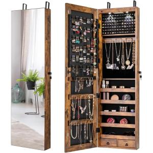 imageGiantex Wall Door Mounted Jewelry Armoire Cabinet with 475quot Full Length Mirror 2 LEDs Lockable Jewelry Organizers and Storage with 2 Drawers Over the Door Jewelry Organizer Cabinet SageRustic Brown