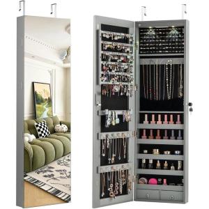 imageGiantex Wall Door Mounted Jewelry Armoire Cabinet with 475quot Full Length Mirror 2 LEDs Lockable Jewelry Organizers and Storage with 2 Drawers Over the Door Jewelry Organizer Cabinet SageGray