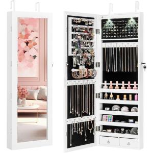 imageGiantex Wall Door Mounted Jewelry Armoire Cabinet with 475quot Full Length Mirror 2 LEDs Lockable Jewelry Organizers and Storage with 2 Drawers Over the Door Jewelry Organizer Cabinet SageWhite