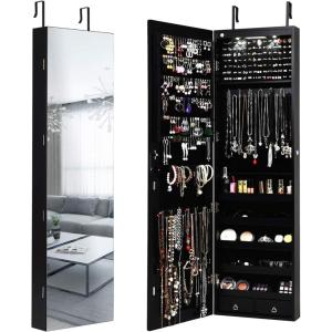 imageGiantex Wall Door Mounted Jewelry Armoire Cabinet with 475quot Full Length Mirror 2 LEDs Lockable Jewelry Organizers and Storage with 2 Drawers Over the Door Jewelry Organizer Cabinet SageBlack